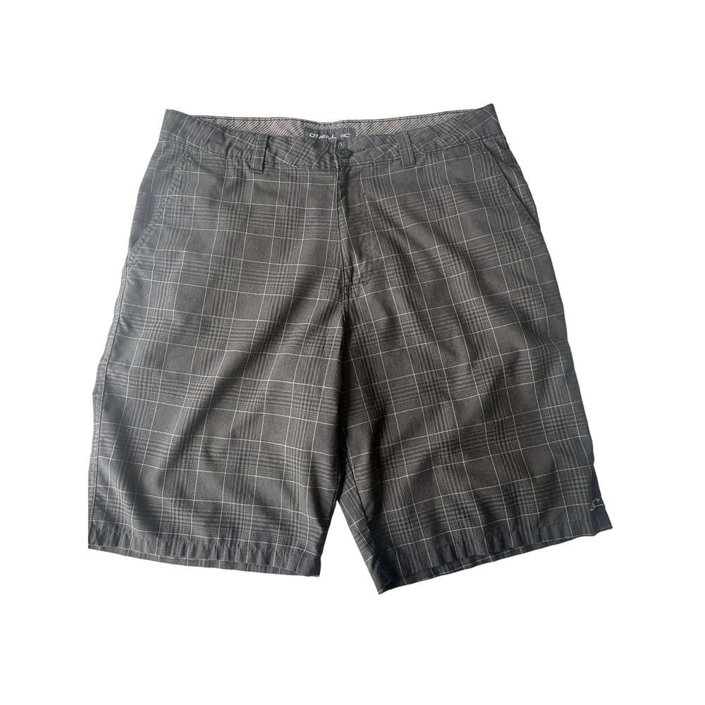 ONeill Mens Plaid Hybrid Walk Shorts Black Grey Size 34 Flat Front Casual